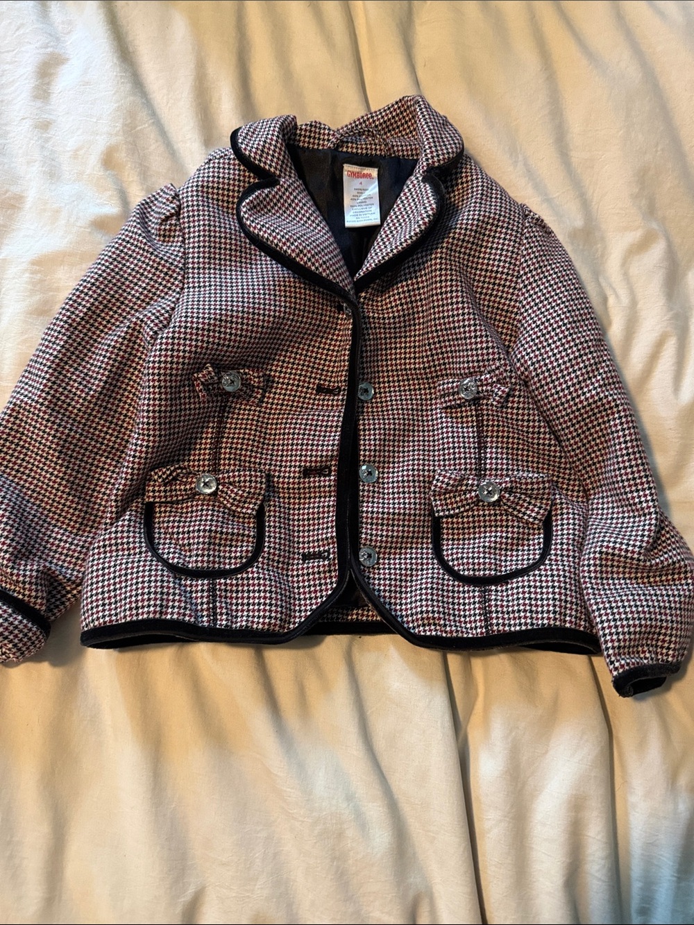 Girls Houndstooth Button Jacket with Velvet Trim